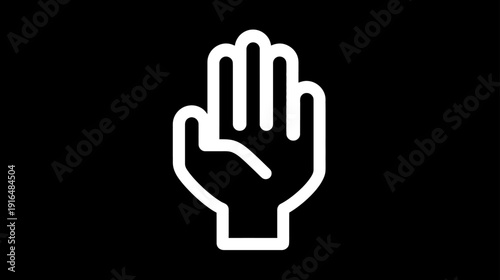 White outline icon of an open hand, palm forward, symbolizing stop, warning, or a greeting gesture on a black background.