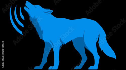 Stylized blue wolf howling silhouette with sound waves on a dark background, representing wild communication and strength.
