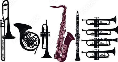 Orchestral Wind Instruments Silhouette Collection Featuring Trombone, French Horn, Trumpet, Saxophone and Clarinet Vector Illustration Isolated on White Background for Music and Graphic Design