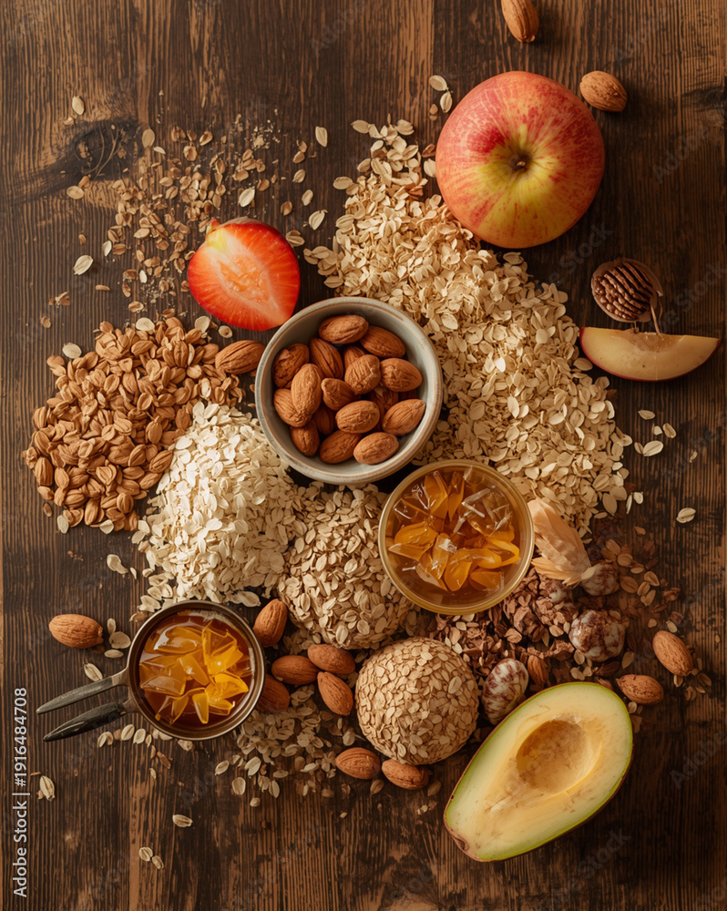 Fototapeta premium Artistic flatlay of organic oats, honey, almonds, and fresh fruits on dark rustic wooden background.