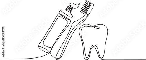 Toothbrush and Dental. one line Art icon drawing vector