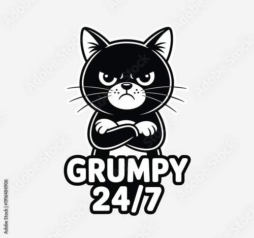 Grumpy cat with arms crossed and a grumpy expression on a white background isolated on white background, Vector, illustration