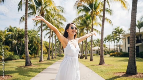 Young Asian woman in white dress joyfully walks along palm tree-lined path, arms outstretched, enjoying a sunny day in a tropical garden setting