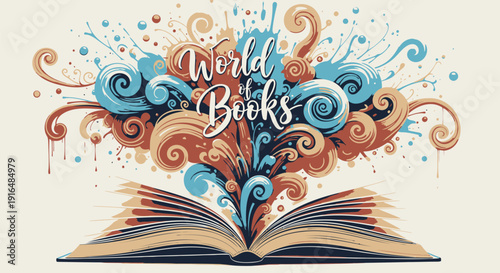 Vector illustration of an open book with swirling colorful World Books design on transparent background