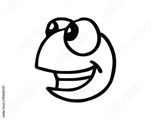 Black Line Art Illustration of Smiling Chimpanzee Face with Exaggerated Features and Bold Lines