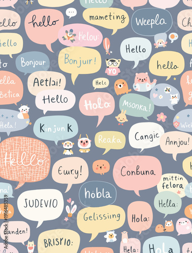 Multilingual hello speech bubbles on a soft blue background, a vibrant display of global greetings in various languages and fonts
