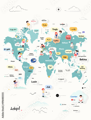 A colorful world map illustration featuring diverse people and landmarks from various countries, viewed from a global perspective.