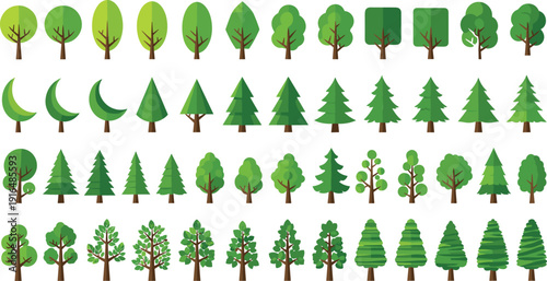 Set of various green vector tree icons, including different forest trees, pine trees, and deciduous trees silhouettes, isolated on white, perfect for design elements.