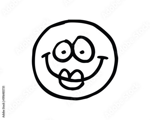 Hand drawn cartoon smiley face with wide eyes and tongue out in black outline