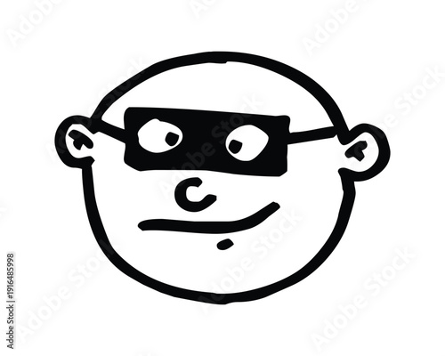 Cartoonish Bald Man Wearing Black Eye Mask with Smiling Face and Exaggerated Features in Black and White