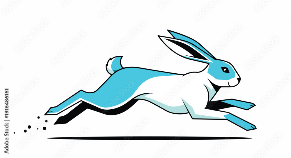 Obraz premium A blue and white cartoon rabbit runs to the right with motion lines on a white background.
