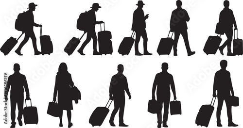 Silhouettes of people walking with luggage in various poses and styles