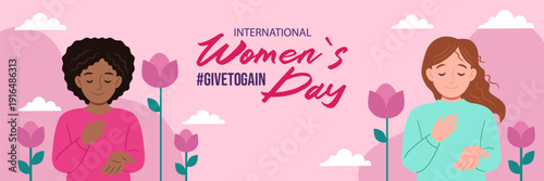 International Women’s Day banner with diverse women. Empowerment, equality, charity and support concept