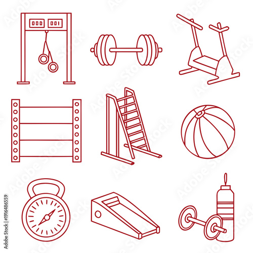 A set of red line art illustrations of various gym equipment and fitness tools on a white background