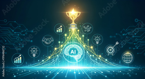 AI and technology concept with glowing brain, trophy, circuit board, and icons representing success, innovation, and global connections.