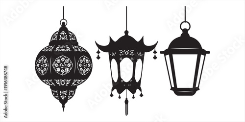 Traditional Arabic hanging lantern collection, black paper cut style, ornate Islamic patterns, clean vector art, monochrome, isolated on white background