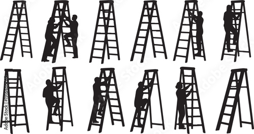 Silhouettes of people climbing and working on ladders illustration set