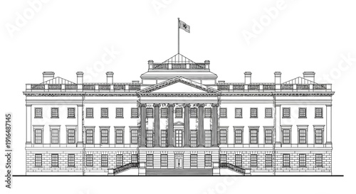 Detailed line drawing of the white house showcasing its architectural front facade high quality professional detailed