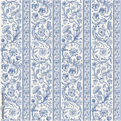 Flowers of the Meadow. Floral vertical stripes. Vintage seamless pattern. Inspired by hand embroidery. Blue and white