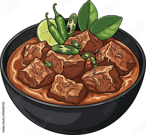 Delicious Beef Stew with Green Chilies and Lime in a Black Bowl.