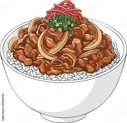 Delicious Gyudon Beef Bowl with Onions and Pickled Ginger.