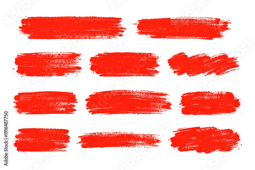 Red brush stroke text box set isolated on transparent background. Dry brush paint highlight swatches. Grunge acrylic or gouache banner labels collection