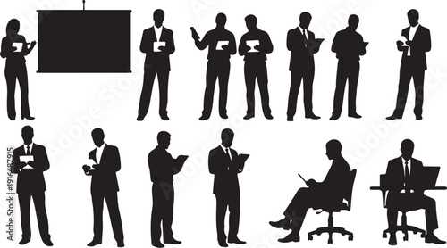 Business professionals in various meeting and presentation settings silhouettes