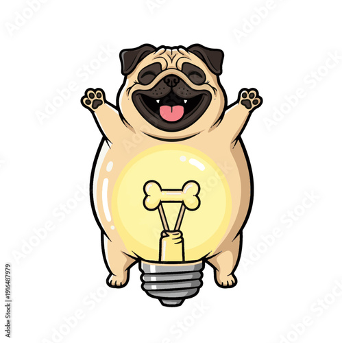 Cheerful cartoon pug inside a light bulb with a bone filament