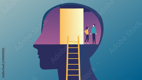Conceptual illustration of a human head with a ladder leading to an open door inside the brain symbolizing mental exploration and self discovery