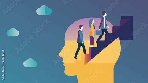 People walking into a head profile with a staircase leading to a brain symbolizing ideas and innovation in a creative mind