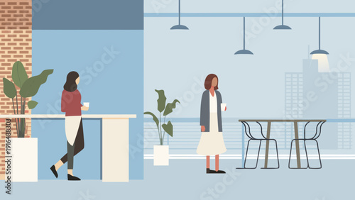 Modern urban boutique caf interior design with women table chairs plants and city view