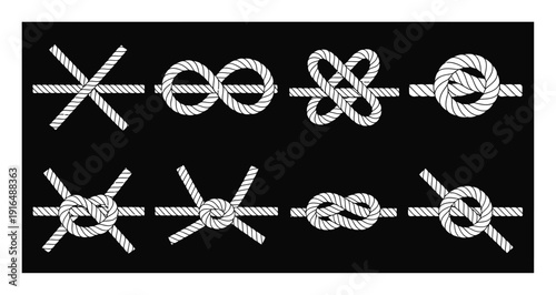 Collection of eight different rope knots on a black background