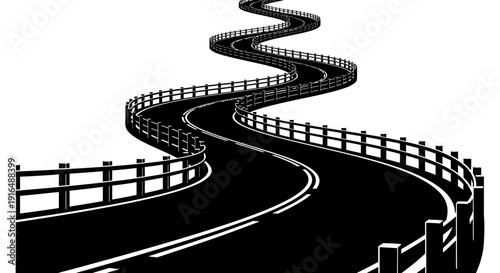 A winding black road with white guardrails creates an optical illusion on a white background