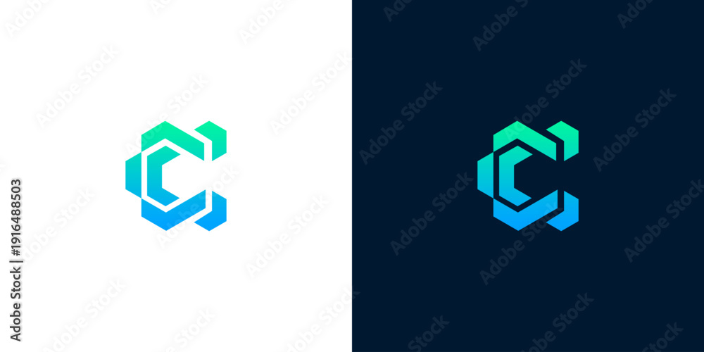 Fototapeta premium Modern Hexagonal Letter C Logo Design with Gradient Blue and Green Colors on White and Dark Backgrounds