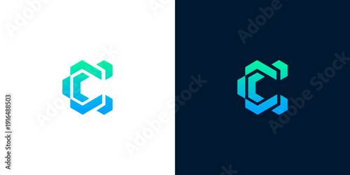 Modern Hexagonal Letter C Logo Design with Gradient Blue and Green Colors on White and Dark Backgrounds