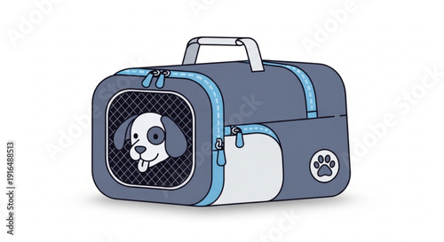 Cute dog in a gray and blue pet carrier bag with handle and paw print