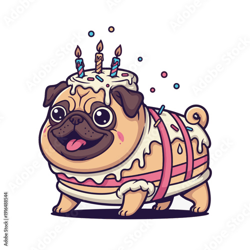 Cute cartoon pug dressed as a birthday cake with candles
