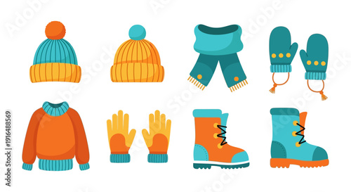 Colorful winter accessories including hats gloves sweaters boots and a scarf are displayed high quality professional