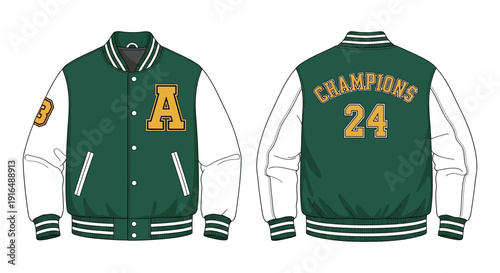 A detailed illustration of a green and beige varsity jacket with a and champions lettering
