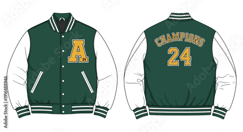 A detailed illustration of a green and cream varsity jacket with a and champions lettering