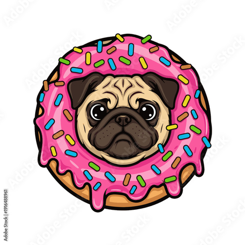 Cute pug face inside a colorful donut with sprinkles