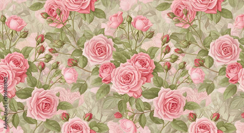 Seamless vintage floral pattern featuring delicate pink roses with verdant green leaves on a soft pastel background, ideal for textile design or digital paper.