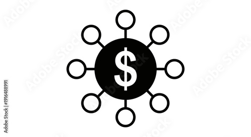 A black and white graphic depicting a dollar sign connected to surrounding circles high quality professional