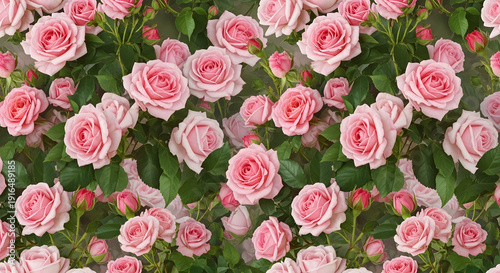 Seamless pattern of delicate pastel pink roses with vibrant green leaves, creating a romantic floral background for wedding invitations or textile design.