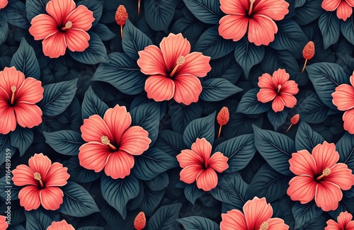 Coral hibiscus flowers bloom in dark green leaves creating a repeating botanical pattern. This vibrant floral design offers a tropical theme with elegant style suitable for various applications.