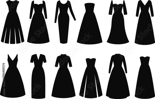 Collection of elegant black evening dress silhouettes for fashion design, bridal wear, formal gowns, couture illustration, vector templates, and modern apparel styling inspiration.