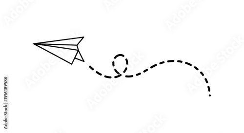 A simple black and white illustration of a paper airplane and its dotted flight path
