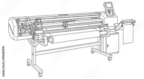 Line art illustration of a large format industrial printer with a roll of media high quality professional