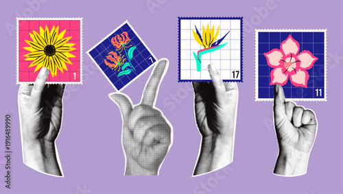 Retro collage art illustration. Postage stamps with various african floral designs.