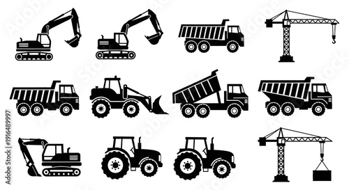 Collection of black silhouette icons depicting various types of heavy construction machinery high quality professional detailed